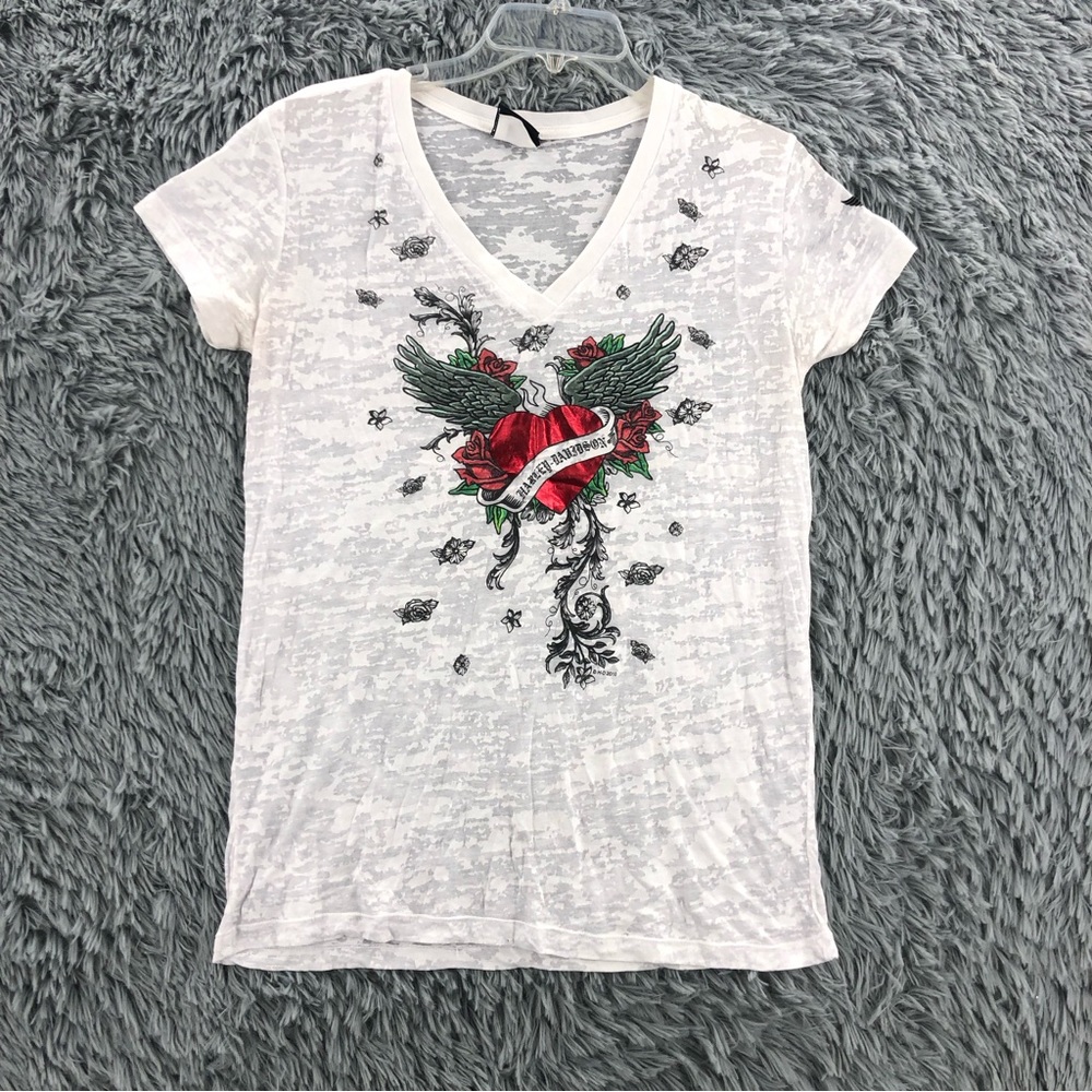 Harley Davidson Shirt Womens X Large Burnout Vneck Heart Wings Short Sleeve